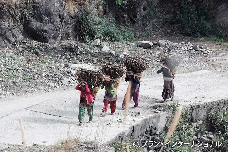 写真：背負い籠で薪を運ぶ女性たち