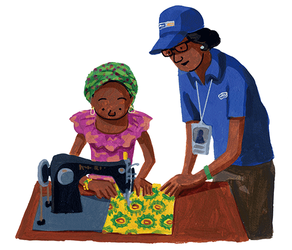 イラスト：プランの支援で縫製の職業訓練を受ける