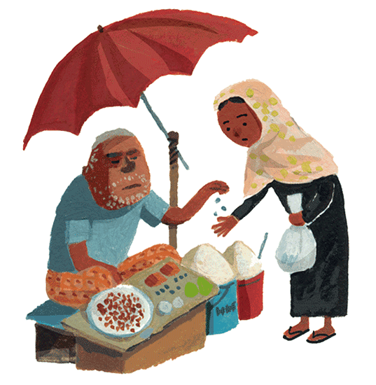 イラスト：お店の人に言われた通りの金額を渡していました