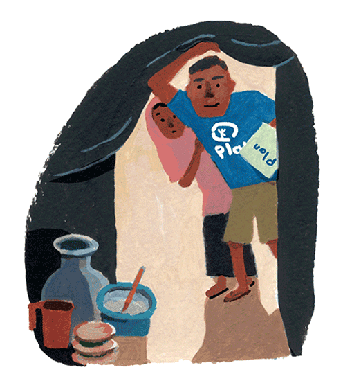 イラスト：プランの職員がスゥエの家を訪れる