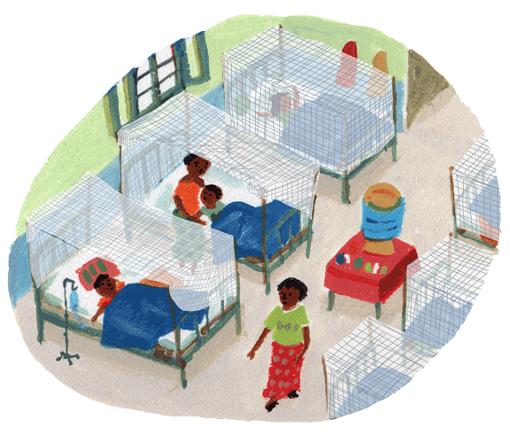 イラスト：マリアムの娘は、病院で点滴治療を受ける