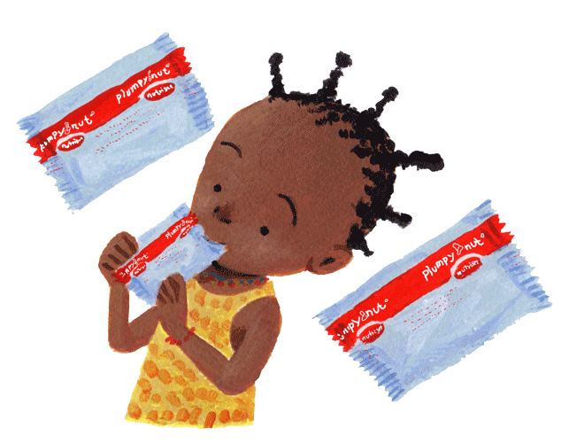 イラスト：退院時には、「プランピー・ナッツ」という栄養治療食が提供される