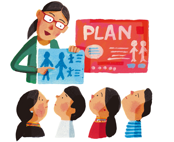 イラスト：ムアは、学校で早すぎる結婚の問題を伝えた