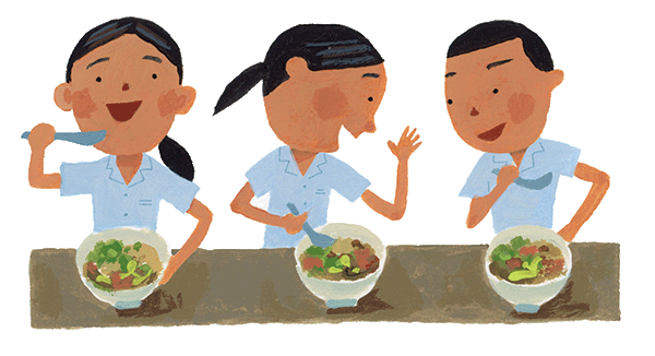 イラスト：朝食をとらないで登校する子どもが多いため、給食は朝に提供されます