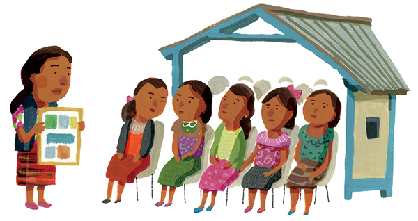 イラスト：そこでアンヘラは、中学校に進級できないのは仕方がないという認識を変えるため、保護者を対象にしたワークショップを立ち上げました。