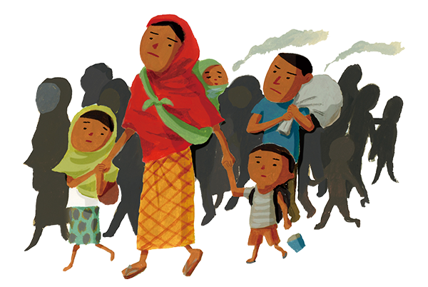 イラスト：タミダは5人の娘と2人の息子を出産しました。しかし2017年、ミャンマーのラカイン州で暴動が勃発。末の息子は足に障害があるため、タミダがずっと背負って逃げました。