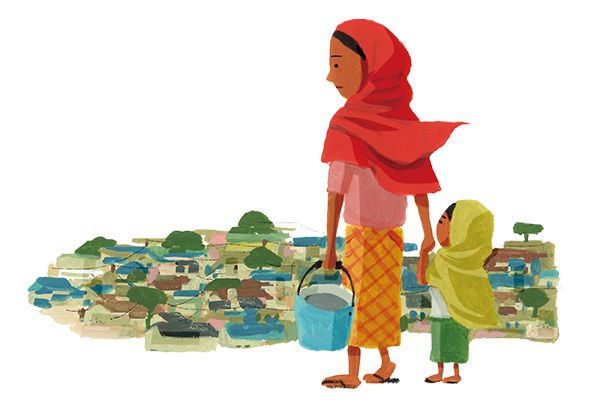 イラスト：難民キャンプに到着し、しばらくすると若者を対象にした識字教育のための有償ボランティアを探していることを聞きました。