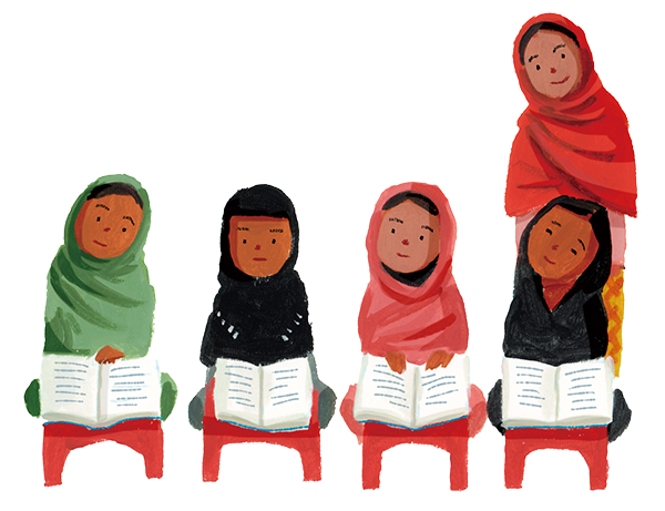 イラスト：タミダの仕事は、親しみをこめて「おばさん（Auntie）」と呼ばれています。「おばさん」の役割は、識字教育に通う女の子のサポートです。