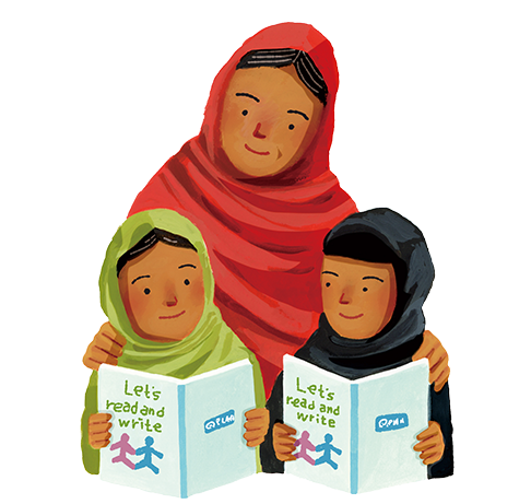 イラスト：タミダの娘たちも読み書きを学びはじめ、足が不自由な末の息子も、プランや周りのサポートを得て識字教室に通うことができるようになりました。