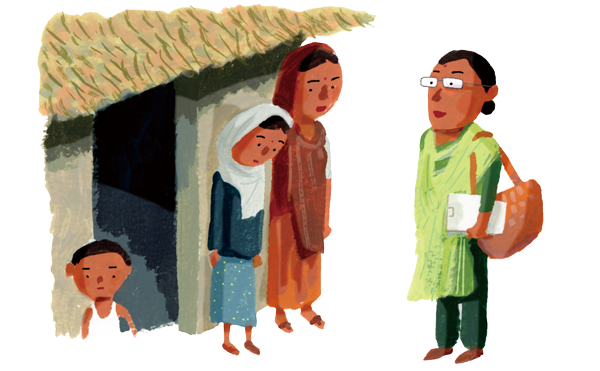 イラスト：タミダは5人の娘と2人の息子を出産しました。しかし2017年、ミャンマーのラカイン州で暴動が勃発。末の息子は足に障害があるため、タミダがずっと背負って逃げました。