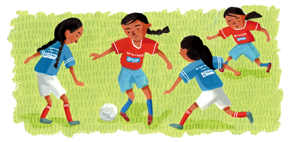 イラスト：タミダの仕事は、親しみをこめて「おばさん（Auntie）」と呼ばれています。「おばさん」の役割は、識字教育に通う女の子のサポートです。