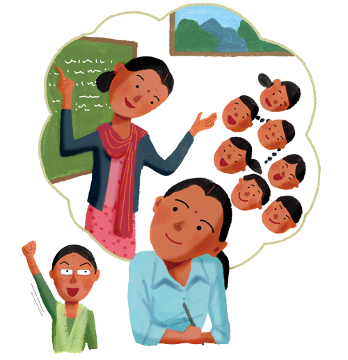 イラスト：タミダの娘たちも読み書きを学びはじめ、足が不自由な末の息子も、プランや周りのサポートを得て識字教室に通うことができるようになりました。
