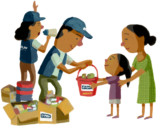 イラスト：一方、ミャンマーのプラン職員たちは発災直後から倉庫や市場を駆け回り、食料や蚊帳、毛布などを必死にかき集めました。