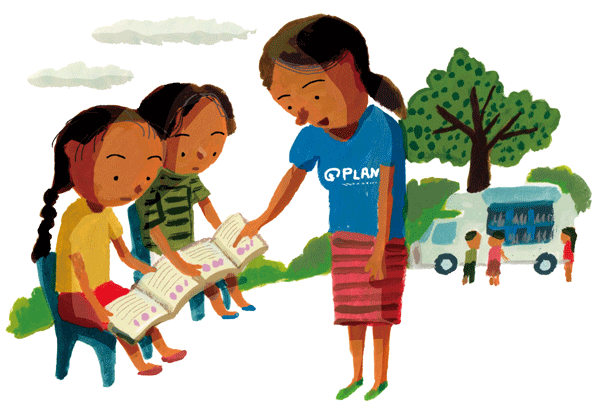 イラスト：14歳のソフィアは家事やきょうだいの世話のため、なかなか学校に通えず、いまも小学校で学んでいます。