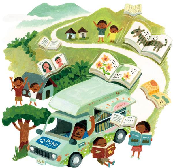 イラスト：2020 年に開始した「移動図書館」は対象地域を拡大し、教育省や学校と連携を深め、これまでに2万人以上の子どもたちが利用しています。