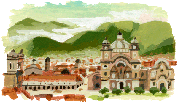 イラスト：ペルーは、国土の大半が山岳地帯からなる小さな国です。