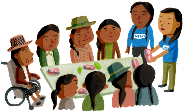 イラスト：14歳のソフィアは家事やきょうだいの世話のため、なかなか学校に通えず、いまも小学校で学んでいます。