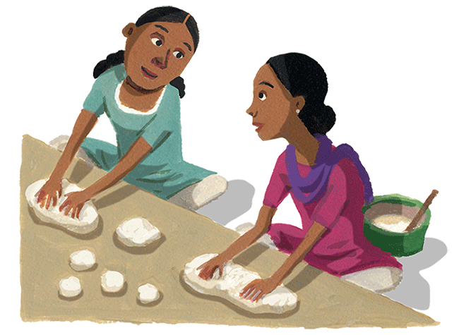 イラスト：同世代の女の子たちと話すアイラ