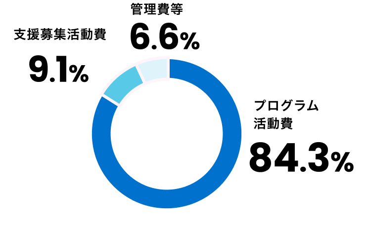 寄付金の使途グラフ　プログラム活動費84.3%、支援募集活動費9.1%、管理費等6.6%