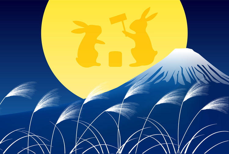 「お月見」の便箋デザイン。ウサギがお餅をついています！