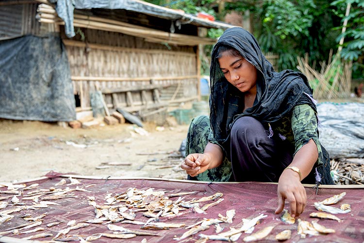 写真：魚を干す若い女性