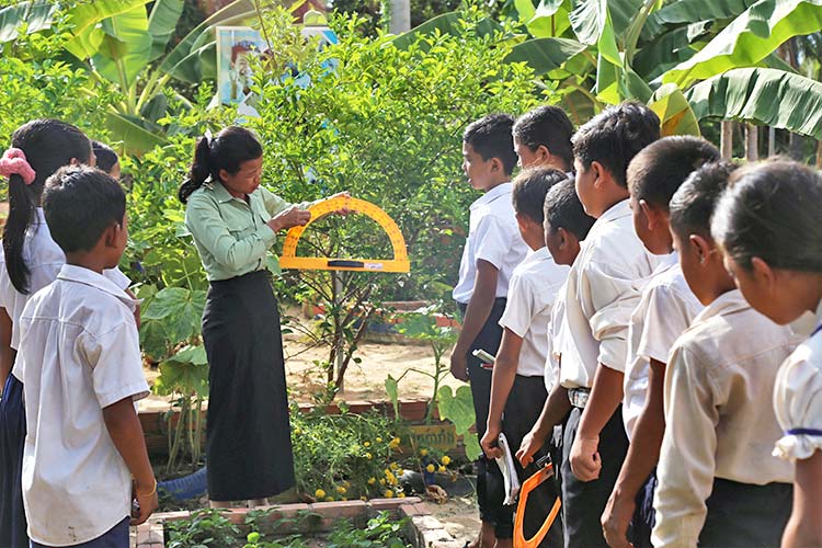 写真：学校菜園での算数の授業の様子