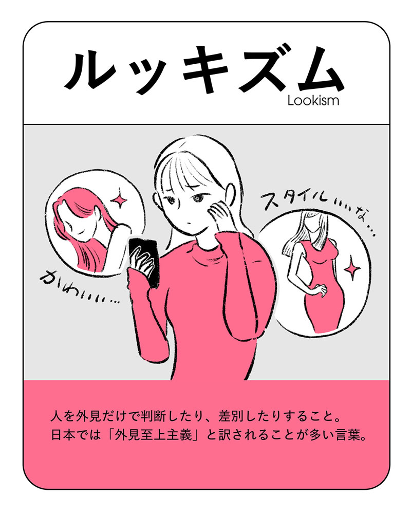 イラスト：ルッキズム　人を外見だけで判断したり、差別したりすること。日本では「外見至上主義」と訳されることが多い言葉。