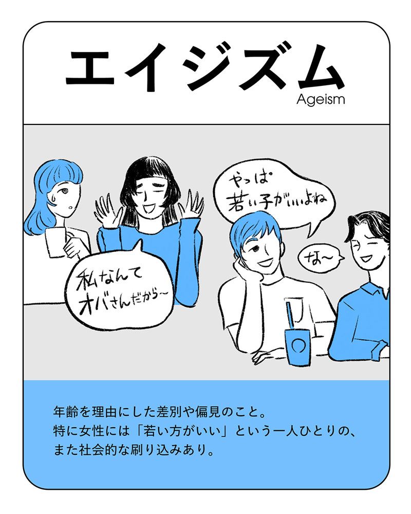 イラスト：エイジズム　年齢を理由にした差別や偏見のこと。特に女性は「若い方がいい」という一人ひとりの、また社会的な刷り込みあり。