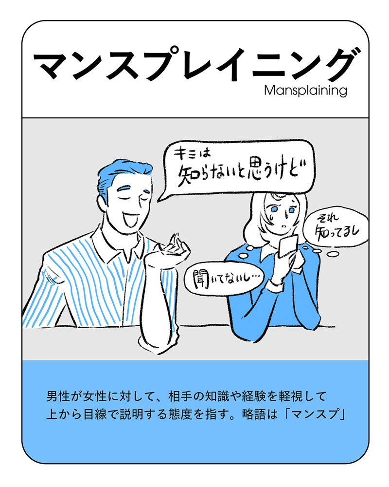 イラスト：マンスプレイニング　男性が女性に対して、相手の知識や経験を軽視して上から目線で説明する態度を指す。略語は「マンスプ」