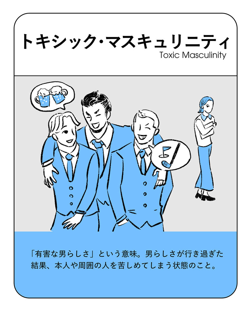 イラスト：トキシック・マスキュリニティ　「有害な男らしさ」という意味。男らしさが行き過ぎた結果、本人や周囲の人を苦しめてしまう状態のこと。