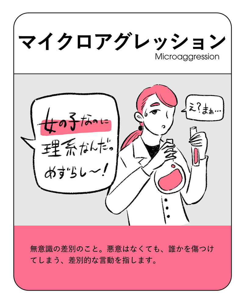 イラスト：マイクロアグレッション　無意識の差別のこと。悪意はなくても、誰かを傷つけてしまう、差別的な言動を指します。