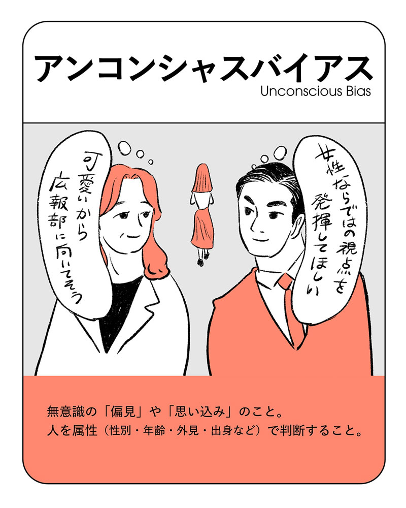 イラスト：アンコンシャスバイアス　無意識の「偏見」や「思い込み」のこと。人を属性（性別・年齢・外見・出身など）で判断すること。