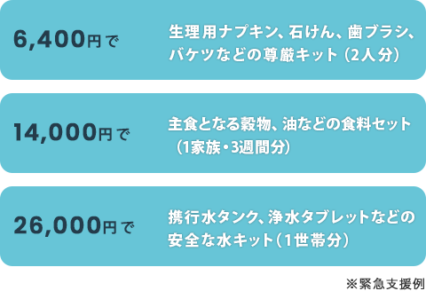 6,400円：生理用ナプキン、石けん、歯ブラシ、バケツなどの尊厳キット（2人分）/14,000円；主食となる穀物、油などの食料セット（1家族・3週間分）/26,000円：携行水タンク、浄水タブレットなどの安全な水キット（1世帯分）