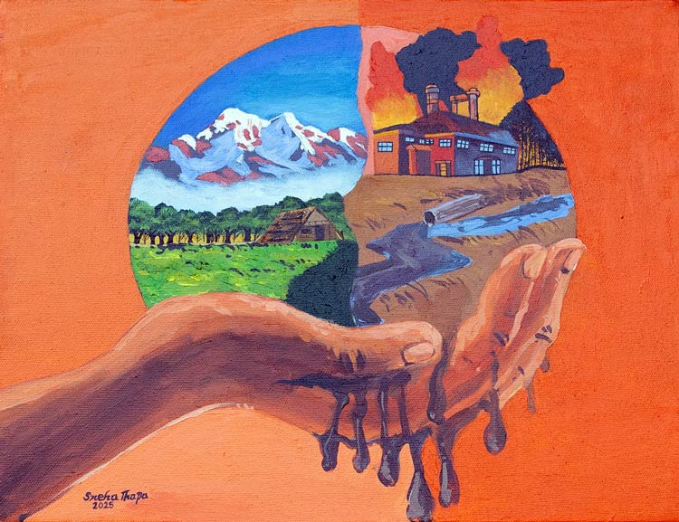 「地球の運命は人間の手中に」というメッセージを込めたユースの絵(ネパール)