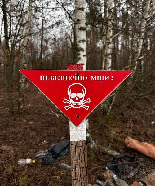 森林の中に立てられた警告標識「危険：地雷あり」