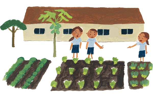 イラスト：給食が終わり、授業が始まると子どもたちが学校菜園に集まります