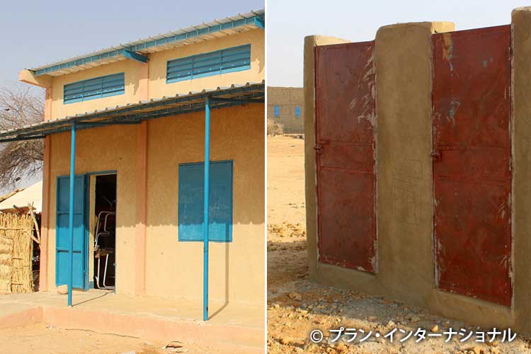 写真：支援で建てられた新しい教室とトイレ（右）