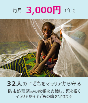 毎月3000円1年で、32人の子どもをマラリアから守る